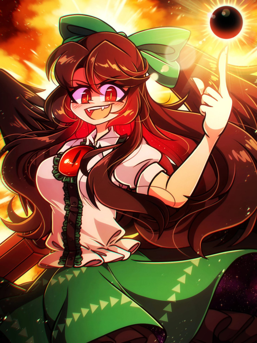 1girl arm_cannon bangs bird_wings blush bow breasts brown_hair center_frills collared_shirt control_rod cropped_legs energy_ball english_commentary eyebrows_visible_through_hair fangs feathered_wings frilled_skirt frills green_bow green_skirt hair_between_eyes hair_bow highres index_finger_raised large_breasts littlecloudie long_hair looking_at_viewer open_mouth puffy_short_sleeves puffy_sleeves red_eyes reiuji_utsuho shirt short_sleeves skirt solo third_eye touhou weapon white_shirt wings