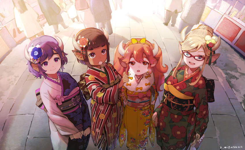 4girls absurdres animal_ears bangs blonde_hair blue_eyes blunt_bangs bow brown_eyes brown_hair cow_ears cow_girl cow_horns crowd dango dark-skinned_female dark_skin floral_print flower food food_in_mouth from_above glasses hair_ornament hand_on_another's_shoulder highres holding horns japanese_clothes kimono kyo_mizusawa long_hair looking_up multiple_girls nengajou new_year obi open_mouth original pavement purple_hair red-framed_eyewear red_eyes redhead ribbon sash short_hair signature smile violet_eyes wagashi winter yellow_bow