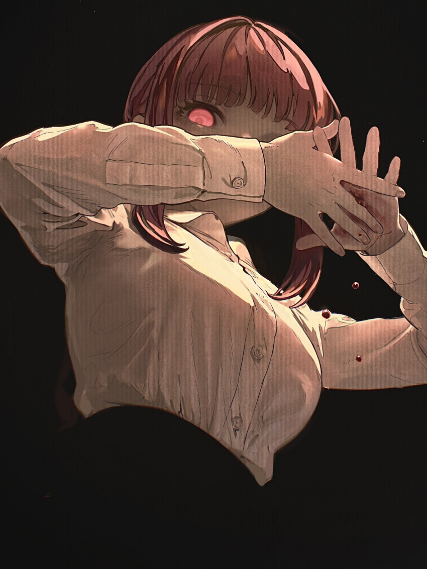 1girl bangs black_background blood blood_drip blood_on_hands blunt_bangs buttons chainsaw_man collared_shirt dress_shirt from_below glowing glowing_eyes hands_up high-waist_pants highres kokemozuku long_sleeves looking_at_viewer looking_down makima_(chainsaw_man) medium_hair red_eyes redhead shirt shirt_tucked_in simple_background sleeve_cuffs solo upper_body white_shirt
