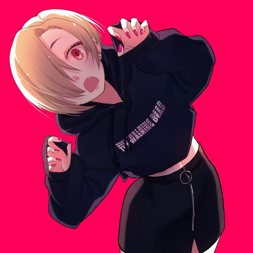 1girl bags_under_eyes black_skirt blonde_hair cowboy_shot ear_piercing earrings hair_over_one_eye highres hood hooded_jacket hooded_sweater hoodie idolmaster idolmaster_cinderella_girls jacket jewelry long_sleeves looking_at_viewer nail_polish open_mouth pencil_skirt piercing pink_background red_eyes shirasaka_koume short_hair simple_background skirt smile solo sweater yotsuhira_park