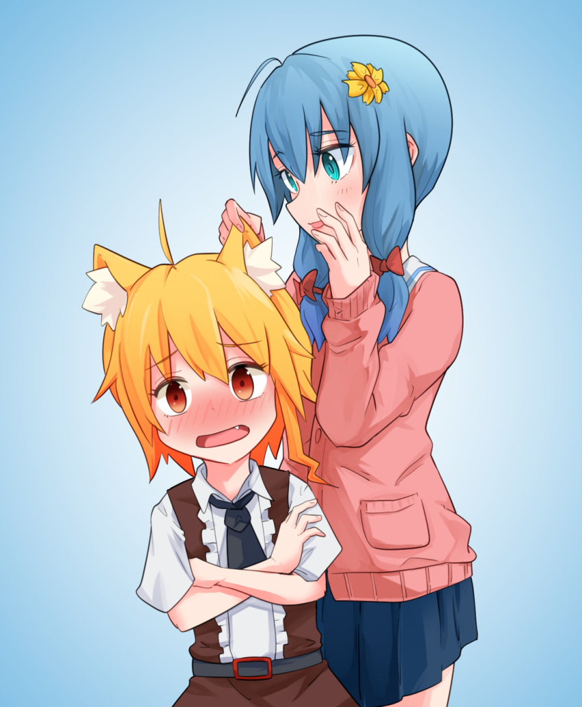 2girls ahoge animal_ear_fluff animal_ears asymmetrical_hair bangs belt black_belt black_neckwear blonde_hair blue_background blue_eyes blue_hair blue_skirt blush bow brown_skirt brown_vest collared_shirt commentary_request cookie_(touhou) cowboy_shot crossed_arms eyebrows_visible_through_hair fang flower fox_ears fox_girl hair_between_eyes hair_flower hair_ornament highres long_hair looking_at_another looking_at_viewer medium_hair miramikaru_miran miramikaru_riran multiple_girls necktie open_mouth pink_sweater red_bow red_eyes shirt short_sleeves sidelocks skirt sweater upright_ahoge vest white_shirt yan_pai yellow_flower