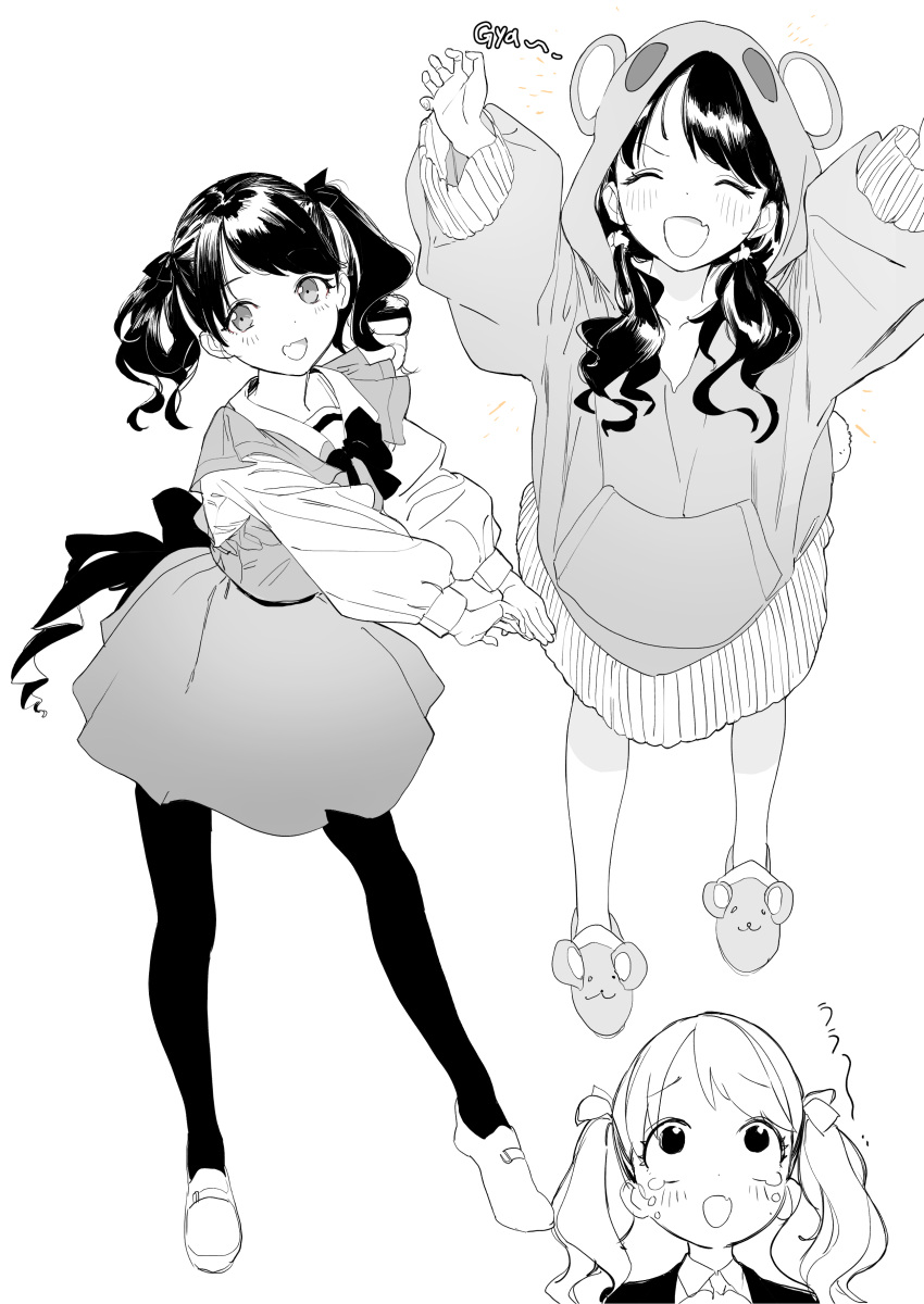1girl absurdres animal_hood black_hair closed_eyes collage commentary_request dorontabi dress fang flip-flops fukumaru_koito greyscale hair_ribbon highres hood idolmaster idolmaster_shiny_colors long_hair looking_at_viewer low_twintails monochrome neck_ribbon pantyhose puffy_sleeves ribbon sandals skin_fang solo tears twintails white_background