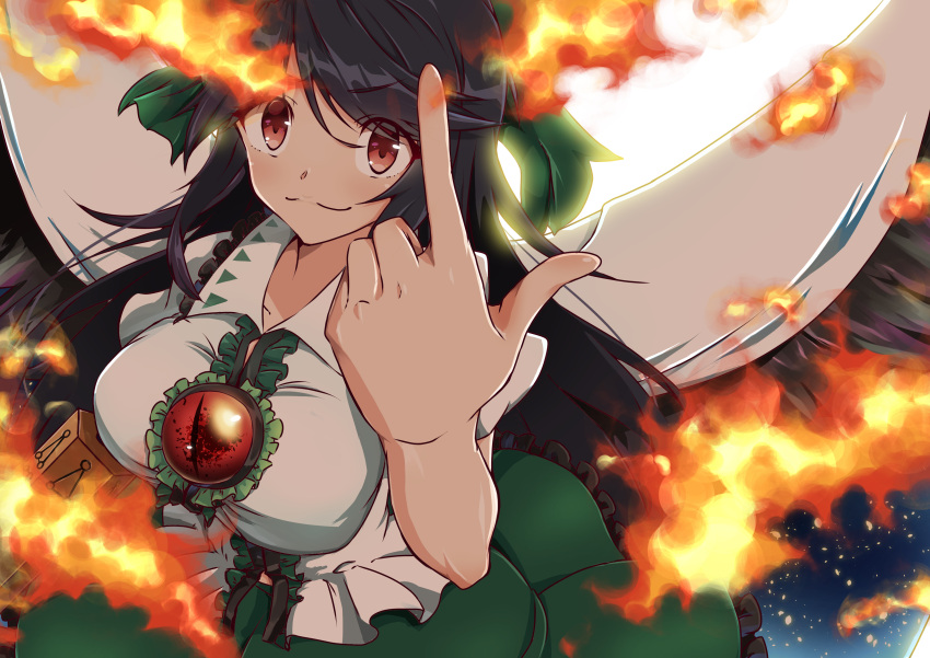 1girl absurdres arm_cannon bangs bird_wings black_hair black_wings blouse bow breasts brown_eyes cape center_frills closed_mouth collared_blouse commentary control_rod cowboy_shot eyebrows_visible_through_hair fire frilled_skirt frills green_bow green_skirt hair_bow highres large_breasts long_hair looking_at_viewer pointing pointing_up puffy_short_sleeves puffy_sleeves reiuji_utsuho short_sleeves skirt smile solo starry_sky_print takuman135 third_eye touhou weapon white_blouse white_cape wings