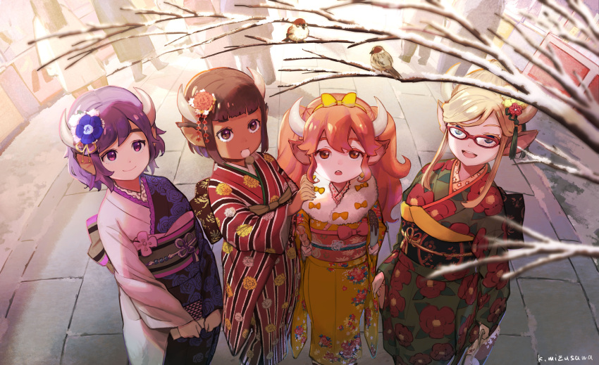 4girls absurdres animal_ears bangs bird blonde_hair blue_eyes blunt_bangs bow branch brown_eyes brown_hair cow_ears cow_girl cow_horns crowd dango dark-skinned_female dark_skin floral_print flower food food_in_mouth from_above glasses hair_ornament hand_on_another's_shoulder highres holding horns japanese_clothes kimono kyo_mizusawa long_hair looking_up multiple_girls nengajou new_year obi open_mouth original pavement purple_hair red-framed_eyewear red_eyes redhead ribbon sash short_hair signature smile snow sparrow violet_eyes wagashi winter yellow_bow