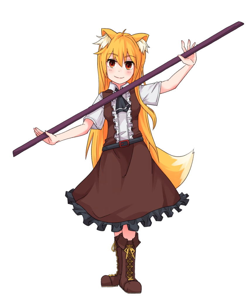 1girl ahoge alternate_hair_length alternate_hairstyle animal_ear_fluff animal_ears asymmetrical_hair bangs belt black_belt black_neckwear blonde_hair blush boots breasts brown_footwear brown_skirt brown_vest closed_mouth collared_shirt commentary_request cookie_(touhou) cross-laced_footwear eyebrows_visible_through_hair fox_ears fox_girl fox_tail frilled_skirt frills full_body hair_between_eyes highres holding holding_pole long_hair looking_at_viewer miramikaru_riran necktie pole red_eyes shirt short_sleeves sidelocks simple_background skirt small_breasts smile solo standing tail vest white_background white_shirt yan_pai