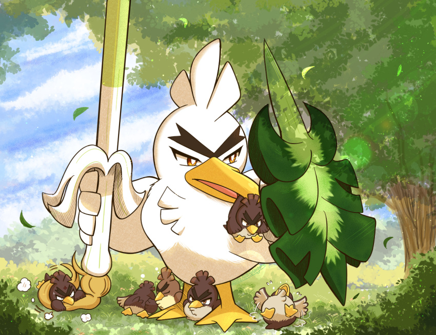bird bright_pupils brown_eyes clouds commentary_request day galarian_farfetch'd galarian_form grass holding leaves_in_wind no_humans outdoors pokemon pokemon_(creature) shield shuri_(syurigame) sirfetch'd sky standing tree white_pupils younger