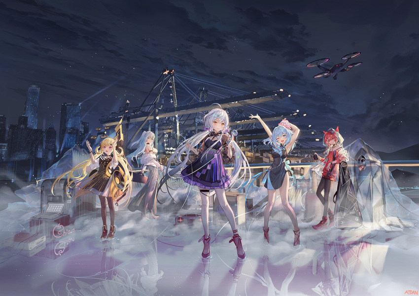 5girls ;d ahoge atdan black_dress black_footwear black_legwear blonde_hair blue_eyes blue_hair bow breasts cangqiong chiyu_(synthesizer_v) cityscape clouds commentary dress drone floating_hair full_body fur-trimmed_jacket fur_trim hair_bow haiyi hand_up hands_up high_heels highres holding holding_microphone hood hood_up hooded_jacket jacket long_hair long_sleeves looking_at_viewer looking_away medium_breasts medium_hair microphone multiple_girls night night_sky off_shoulder one_eye_closed one_side_up open_mouth outdoors pantyhose purple_bow red_eyes red_footwear redhead see-through see-through_jacket shian_(synthesizer_v) shoes short_sleeves silver_hair sky sleeveless sleeveless_dress smile standing synthesizer_v twintails very_long_hair violet_eyes vocaloid white_jacket xingchen yellow_eyes