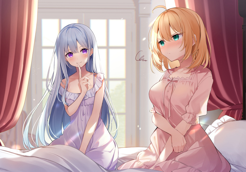 2girls ahoge anisphia_wynn_palettia anne-sophia_wynn_palletia bangs blonde_hair blurry blurry_background blush breasts closed_mouth collarbone commentary_request curtains dress euphilia_magenta euphyllia_magenta eyebrows_visible_through_hair finger_to_mouth green_eyes highres indoors kisaragi_yuri long_hair looking_at_another medium_hair multiple_girls on_bed pajamas pout silver_hair sitting sitting_on_bed smile tensei_oujo_to_tensai_reijou_no_mahou_kakumei violet_eyes window yuri