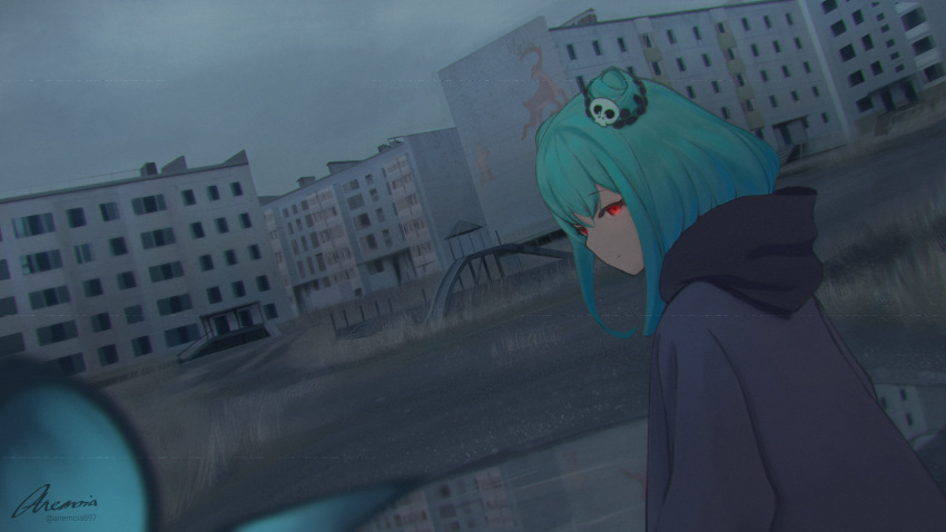 1girl abandoned alternate_costume anemoia897 cityscape commentary double_bun dutch_angle english_commentary expressionless from_behind from_side green_hair hair_ornament highres hololive hood hooded_jacket jacket long_sleeves medium_hair overgrown red_eyes scenery signature skull_hair_ornament twitter_username uruha_rushia virtual_youtuber