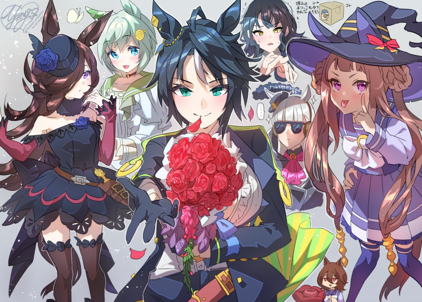 ... 6+girls agnes_tachyon_(umamusume) ahoge animal_ears ascot bangs black_dress black_gloves black_legwear blue_flower blue_rose blush bouquet bow braid breasts bug butterfly center_frills closed_mouth commentary_request dress flat_chest flower formal frills fuji_kiseki_(umamusume) gloves gold_ship_(umamusume) green_eyes hair_ornament hair_over_one_eye hairpin hamster hand_on_hip hat hat_flower highres horse_ears horse_girl horse_tail kashimoto_riko large_bow long_sleeves looking_at_viewer mini_hat multiple_girls off-shoulder_dress off_shoulder ogino_atsuki open_mouth outstretched_arm petals pointing reaching_out rice_shower_(umamusume) rose school_uniform seiun_sky_(umamusume) signature small_breasts smile sparkle spoken_ellipsis suit sunglasses sweatdrop sweep_tosho_(umamusume) tail thigh-highs tongue tongue_out tracen_school_uniform translation_request twintails twitter_username umamusume violet_eyes white_bow witch_hat yellow_eyes