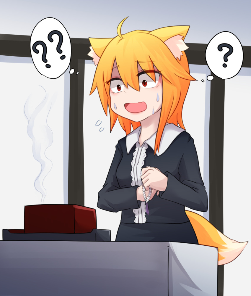 1girl ? ?? ahoge alternate_costume animal_ear_fluff animal_ears asymmetrical_hair bangs black_shirt black_skirt blonde_hair commentary_request cookie_(touhou) cowboy_shot eyebrows_visible_through_hair fox_ears fox_girl fox_tail highres long_sleeves medium_hair miramikaru_riran open_mouth red_eyes scared shirt sidelocks skirt smoke solo sweat tail yan_pai