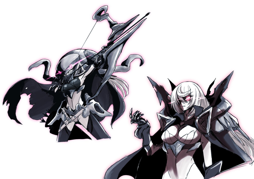 1girl abyssal_ship bangs black_cape bow_(weapon) breasts cape colored_skin european_armored_aircraft_carrier_princess gauntlets glowing glowing_eyes hair_between_eyes helmet highres holding holding_bow_(weapon) holding_weapon kantai_collection large_breasts leotard long_hair multiple_views pale_skin simple_background sketch suke_(share_koube) tentacles weapon white_background white_hair white_skin