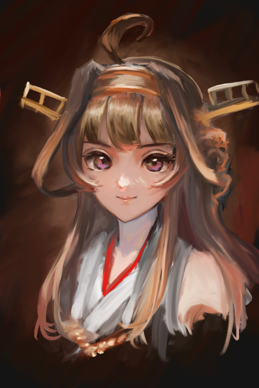 1girl absurdres ahoge arise_(allicenogalca) bangs brown_background brown_hair closed_mouth cropped_shoulders double_bun headgear highres japanese_clothes kantai_collection kongou_(kancolle) lips long_hair looking_at_viewer portrait simple_background solo violet_eyes