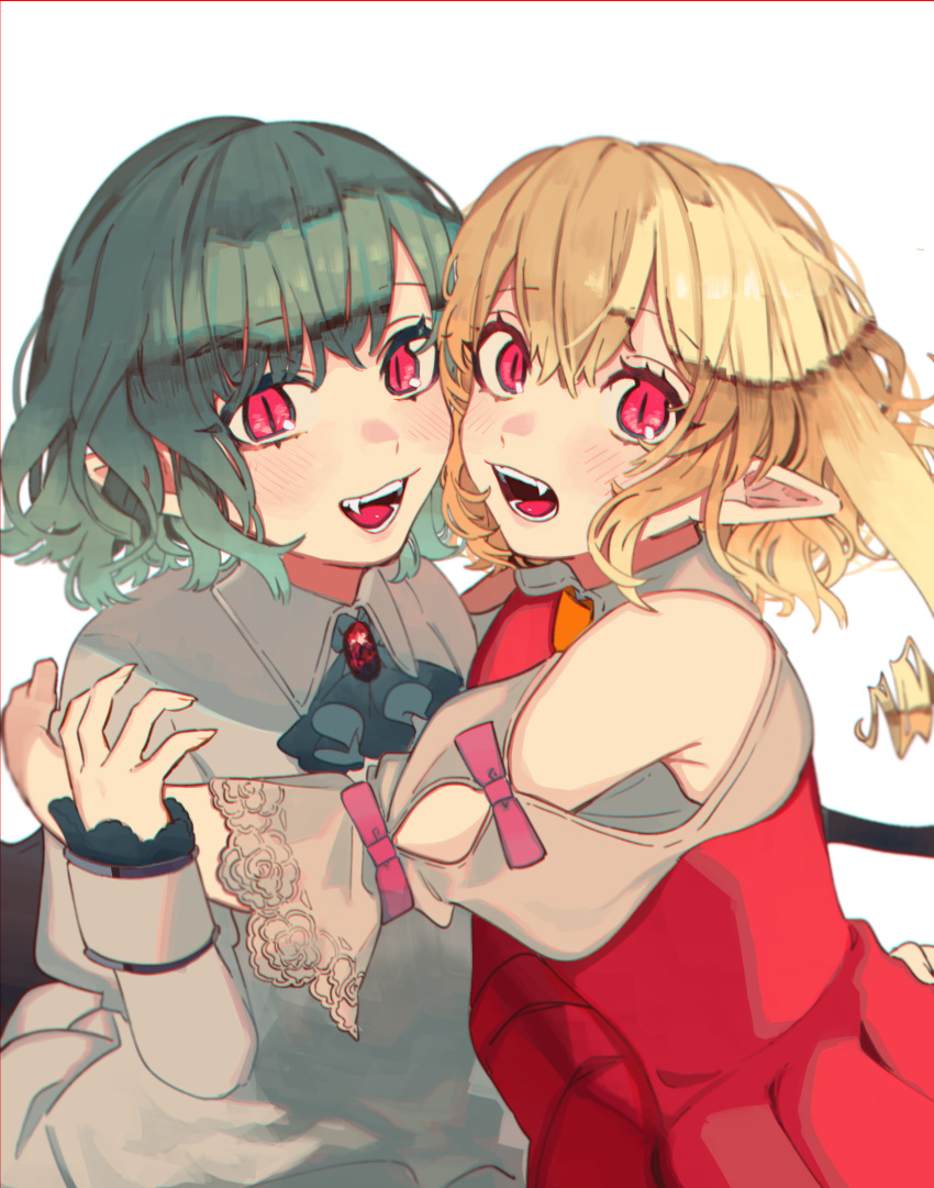 2girls :d absurdres adapted_costume armpit_crease ascot bangs blonde_hair blue_hair blue_neckwear blush border brooch clothing_cutout commentary_request dress eyebrows_visible_through_hair fangs flandre_scarlet hair_between_eyes hand_up highres hug jewelry looking_at_viewer multiple_girls no_hat no_headwear one_side_up open_mouth pointy_ears puffy_short_sleeves puffy_sleeves red_border red_dress red_eyes remilia_scarlet shi_chimi short_sleeves shoulder_cutout siblings simple_background sisters slit_pupils smile teeth touhou upper_body white_background