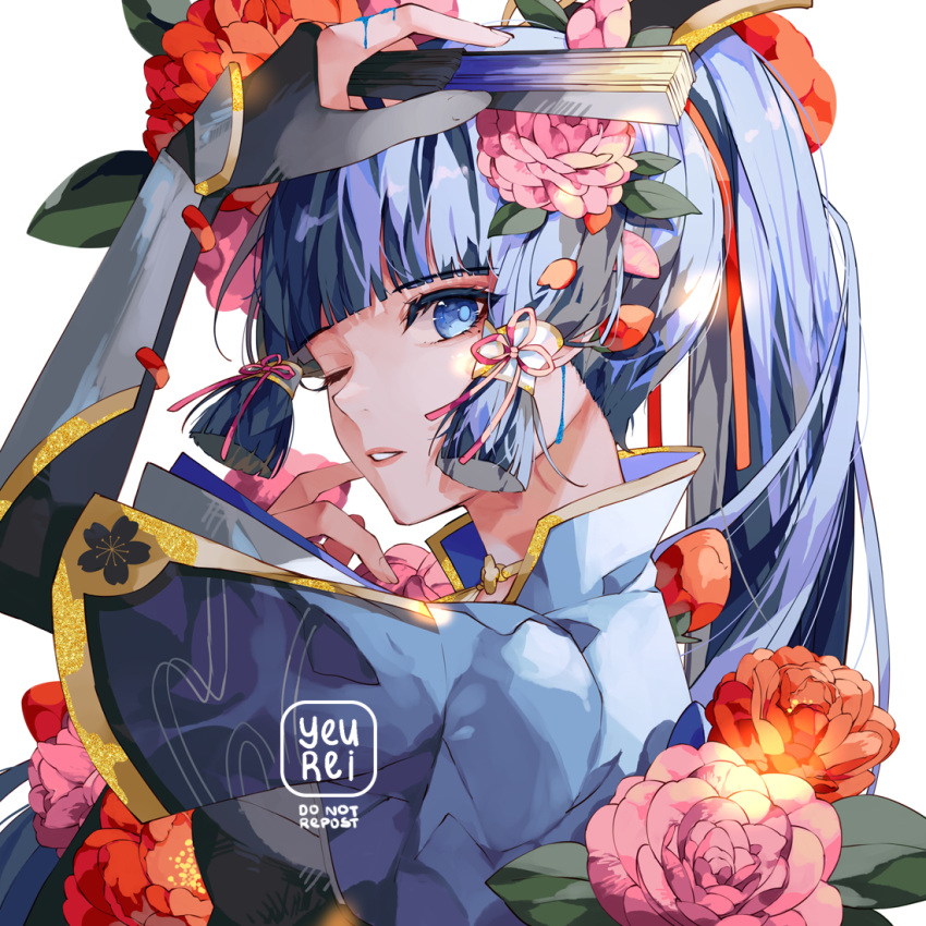 1girl armor bangs blue_eyes blue_hair blunt_bangs breastplate breasts camellia collarbone eyebrows eyebrows_visible_through_hair finger_to_face fingerless_gloves flower from_side gauntlets genshin_impact gloves hair_flower hair_ornament hair_ribbon hair_tubes hand_fan hand_up harisen head_tilt holding holding_fan japanese_clothes kamisato_ayaka kimono long_hair looking_at_viewer low_twintails mole mole_under_eye one_eye_closed parted_lips pink_flower ponytail red_flower ribbon sidelocks simple_background smile solo symbol-only_commentary teeth twintails white_background yeurei