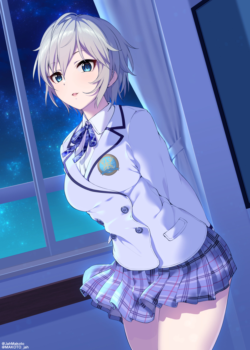 1girl anastasia_(idolmaster) blue_eyes blue_neckwear blue_skirt breasts buttons collared_shirt cowboy_shot curtains double-breasted dutch_angle hair_between_eyes highres idolmaster idolmaster_cinderella_girls jacket medium_breasts miniskirt mizuki_makoto night plaid plaid_neckwear plaid_skirt school_uniform shirt silver_hair skirt sky solo star_(sky) starry_sky twitter_username white_jacket white_shirt window