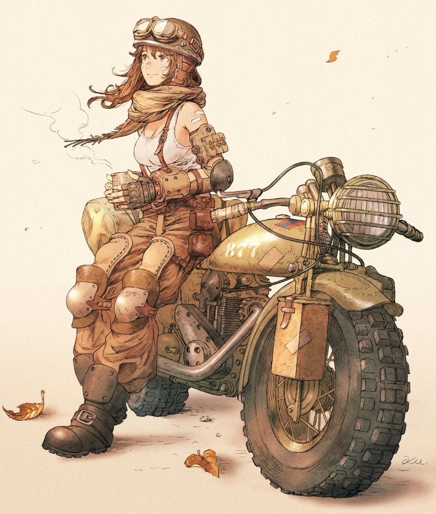 1girl boots breasts brown_hair cup fingerless_gloves gloves goggles goggles_on_headwear ground_vehicle helmet highres holding holding_cup knee_pads kuroimori leaf leaning_against_motorcycle leaning_on_object medium_hair motor_vehicle motorcycle original pants pouch scarf signature smile solo steam suspenders symbol-only_commentary tank_top
