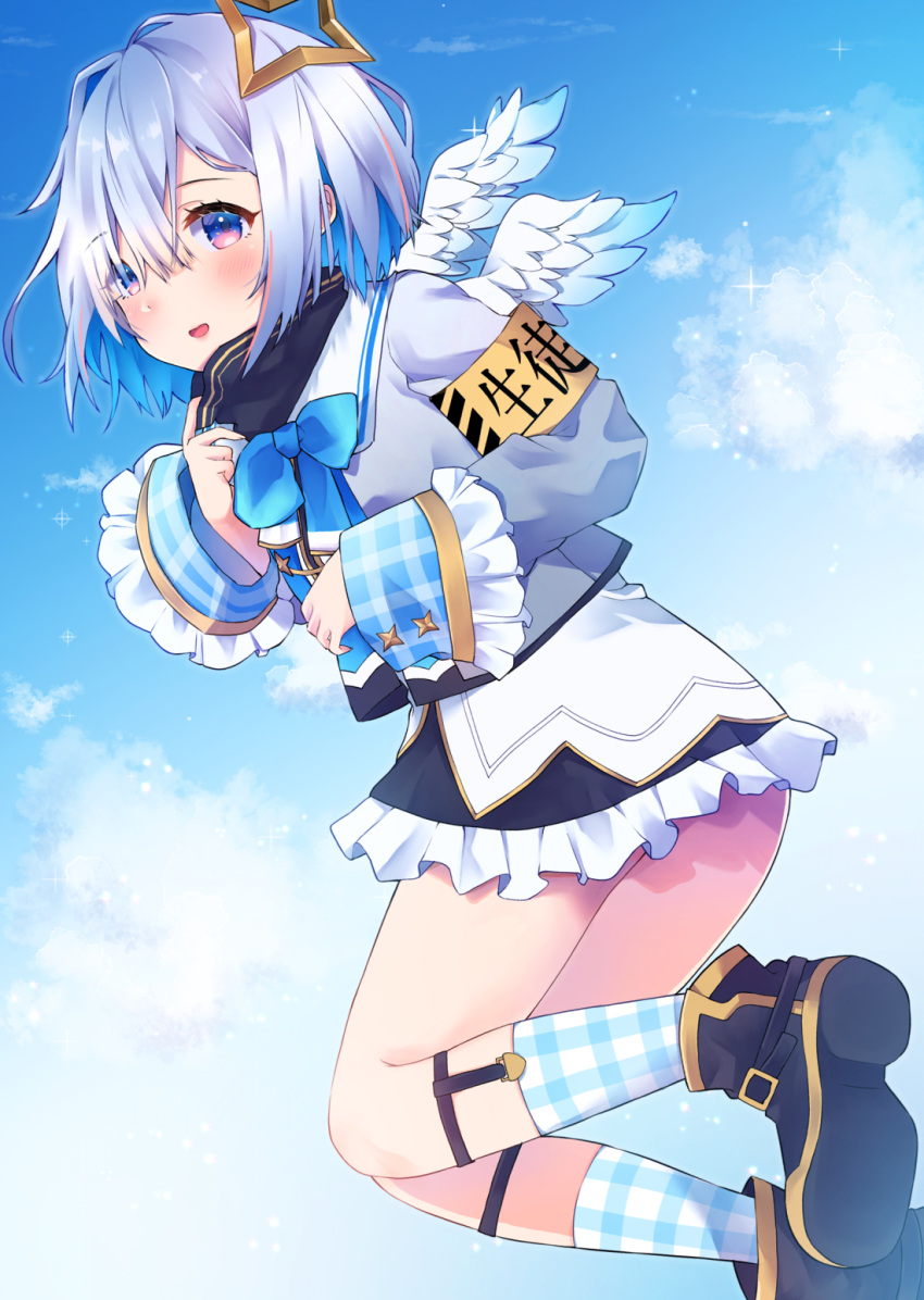 1girl amane_kanata angel angel_wings armband bangs black_footwear black_skirt blue_bow blue_eyes blue_hair blue_legwear blue_neckwear blush bow clouds colored_inner_hair eyebrows_visible_through_hair eyes_visible_through_hair frilled_skirt frills full_body gold_trim hair_between_eyes halo highres hololive jacket kneehighs long_sleeves looking_at_viewer miniskirt multicolored_hair open_mouth pink_hair plaid plaid_legwear shoes short_hair silver_hair skirt sky smile solo sosuke_(yrmon) star_(symbol) star_halo virtual_youtuber white_jacket wide_sleeves wings