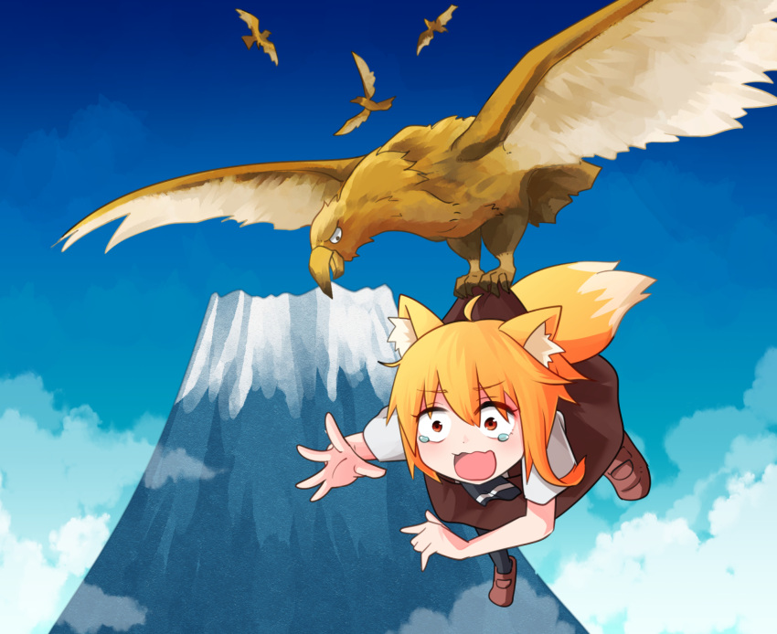 1girl animal_ear_fluff animal_ears asymmetrical_hair bangs bird black_legwear black_neckwear blonde_hair blue_sky brown_footwear brown_skirt brown_vest carrying clouds collared_shirt commentary_request cookie_(touhou) eagle eyebrows_visible_through_hair flying fox_ears fox_girl fox_tail full_body highres medium_hair miramikaru_riran mountain necktie open_mouth red_eyes scared shirt shoes short_sleeves sidelocks skirt sky socks tail tearing_up vest white_shirt yan_pai