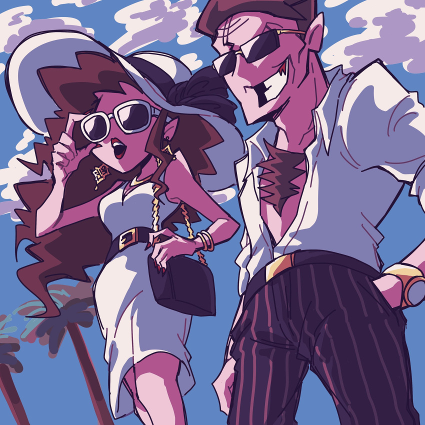 1boy 1girl alternate_costume blue_sky brown_hair chest_hair clouds daddy_dearest dress friday_night_funkin' grin hand_in_pocket hat mommy_mearest palm_tree shirt smile standing wakame1000be white_dress white_hat white_shirt