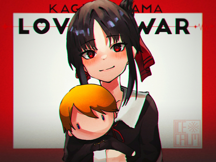 1girl artist_logo artist_name bangs black_dress black_hair blonde_hair blush border cardiogram character_doll collarbone collared_dress copyright_name doll dress eyebrows_visible_through_hair folded_ponytail gakuran hair_ribbon hair_up head_tilt heart heart-shaped_pupils highres holding holding_doll ice_calm kaguya-sama_wa_kokurasetai_~tensai-tachi_no_renai_zunousen~ light_smile long_sleeves looking_at_viewer neck_ribbon outside_border parted_bangs raised_eyebrows red_background red_eyes red_neckwear red_ribbon ribbon school_uniform shinomiya_kaguya shirogane_miyuki shuuchiin_academy_uniform sidelocks smile solo symbol-shaped_pupils upper_body white_background