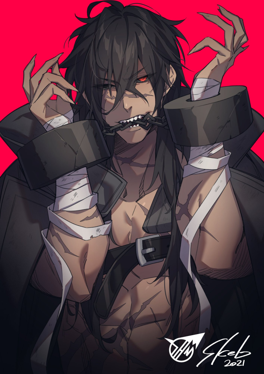 1boy bad_id bad_twitter_id bandaged_wrist bandages bangs biting black_cape black_eyes black_hair black_sclera cape chain colored_sclera commission copyright_request crossed_bangs cuffed dated fingernails hair_between_eyes hands_up head_tilt heterochromia highres long_hair looking_at_viewer male_focus muscular muscular_male red_background red_eyes scar scar_on_chest sharp_fingernails sharp_teeth simple_background skeb_commission solo teeth upper_body westxost_(68monkey)