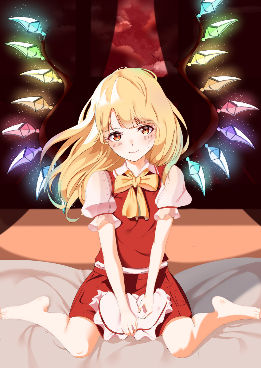 1girl alternate_hair_length alternate_hairstyle bangs barefoot blonde_hair blunt_bangs blush bow bowtie breasts closed_mouth clouds cloudy_sky commentary_request crystal curtains eyebrows_visible_through_hair feet flandre_scarlet hat hat_removed head_tilt headwear_removed highres holding holding_clothes holding_hat indoors light_particles light_smile long_hair looking_at_viewer mob_cap murato_(ummw2384) on_bed puffy_short_sleeves puffy_sleeves red_eyes red_skirt red_sky red_vest short_sleeves sitting skirt sky small_breasts solo touhou vest wariza white_headwear wing_collar wings yellow_bow yellow_neckwear