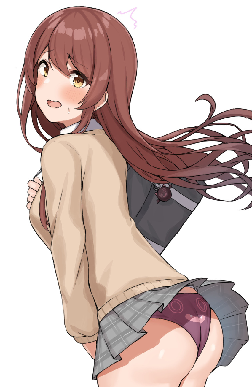 1girl absurdres ass bag_charm blush breasts brown_hair charm_(object) clothes_lift commentary cowboy_shot debi_tarou dot_nose embarrassed eyebrows_visible_through_hair floating_hair from_side grey_skirt hand_up highres idolmaster idolmaster_shiny_colors long_sleeves looking_at_viewer miniskirt oosaki_tenka open_mouth panties plaid plaid_skirt pleated_skirt raised_eyebrows shiny shiny_hair shiny_skin simple_background skirt skirt_lift solo surprised sweatdrop underwear upper_teeth wanimaru wavy_mouth white_background wind wind_lift