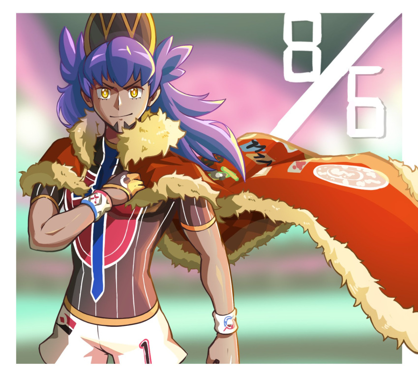 1boy argyle baseball_cap border bright_pupils cape champion_uniform closed_mouth commentary_request dark-skinned_male dark_skin dynamax_band facial_hair floating_cape fur-trimmed_cape fur_trim gloves hand_up hat highres kooeiatd111020 leon_(pokemon) long_hair looking_at_viewer male_focus pokemon pokemon_(game) pokemon_swsh purple_hair red_cape shield_print shirt short_sleeves shorts single_glove smile solo sword_print white_border white_pupils white_shorts yellow_eyes