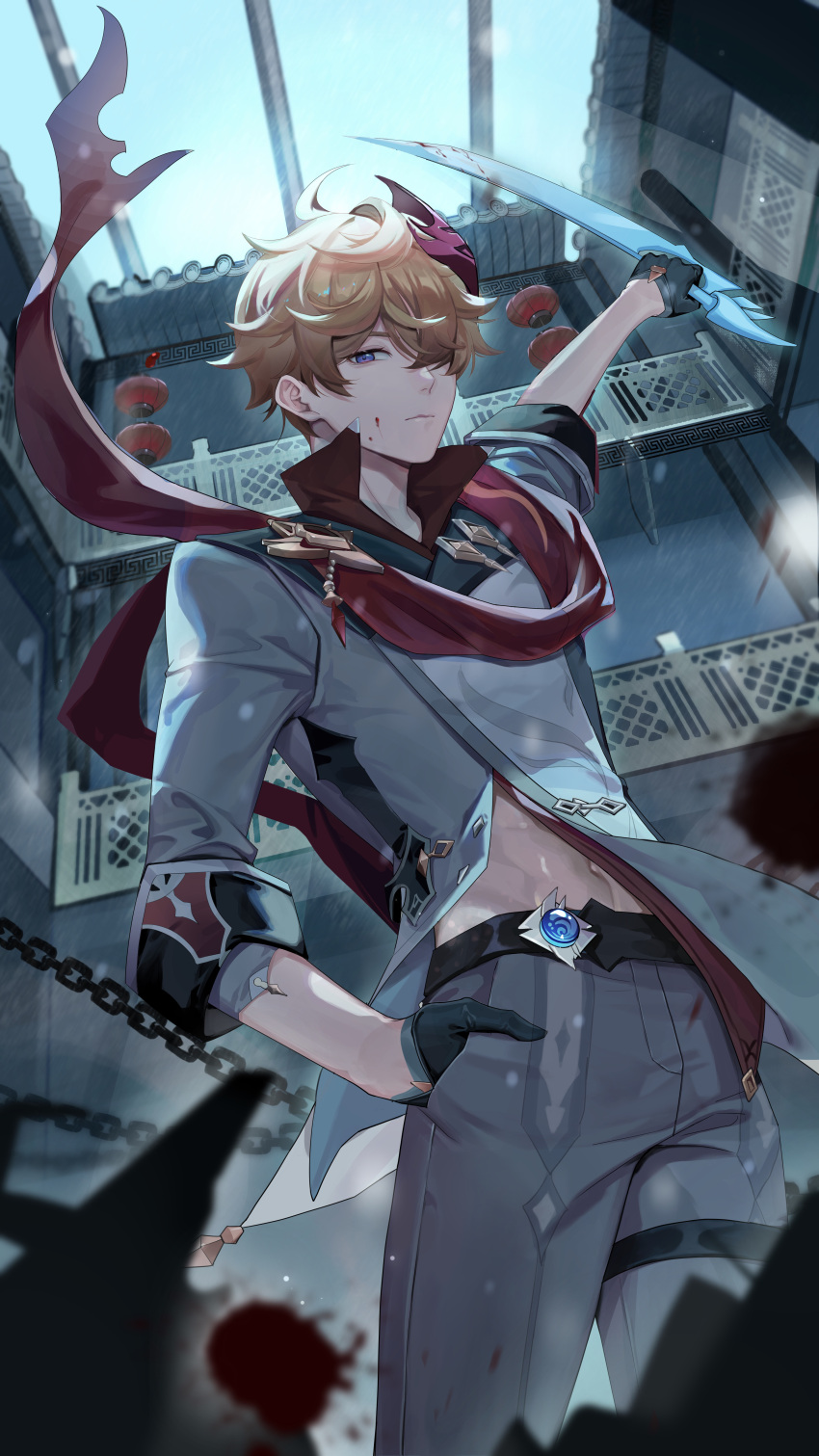 1boy absurdres bangs belt black_gloves blood blood_on_face blood_splatter blue_eyes closed_mouth day genshin_impact gloves grey_jacket grey_pants hair_over_one_eye half_gloves hand_in_pocket highres holding holding_sword holding_weapon jacket looking_at_viewer male_focus mask mask_on_head navel one_eye_covered orange_hair pants red_mask red_scarf scarf short_hair solo sword tartaglia_(genshin_impact) user_sjgf2435 weapon