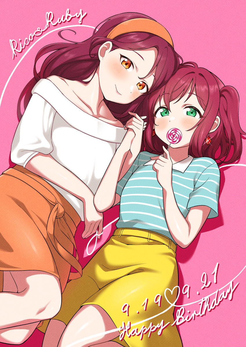 2girls absurdres bangs birthday blush candy character_name collarbone commentary dated earrings english_text eyebrows_visible_through_hair food green_eyes hairband happy_birthday highres holding_hands huge_filesize jewelry kumagawa9981 kurosawa_ruby lollipop looking_at_viewer love_live! love_live!_sunshine!! multiple_girls redhead sakurauchi_riko shiny shiny_hair sidelocks skirt string string_around_finger two_side_up yellow_eyes