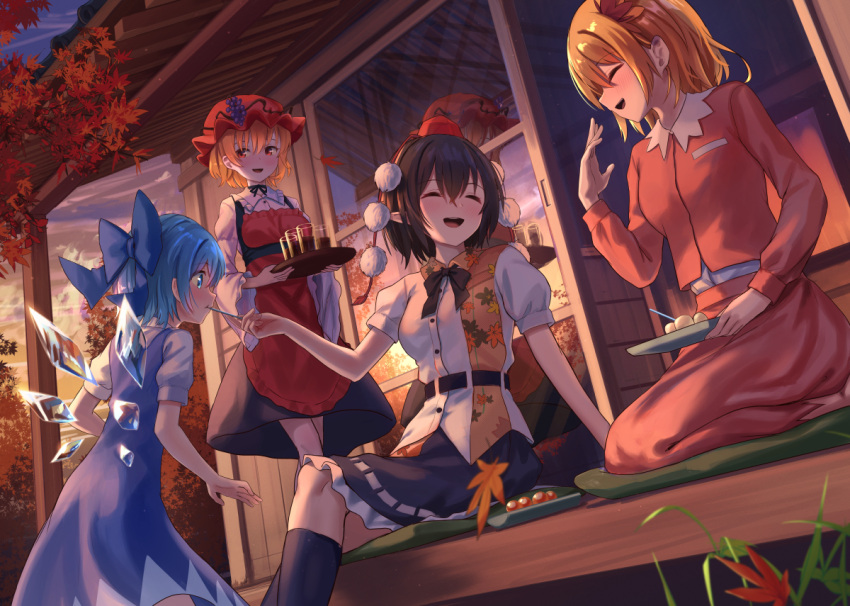 4girls aki_minoriko aki_shizuha autumn_leaves black_hair blonde_hair blue_bow blue_eyes blue_hair bow cirno closed_eyes fairy food fruit fruit_hat_ornament grapes hair_between_eyes hair_bow hair_ornament hat hat_ornament ice ice_wings leaf leaf_hair_ornament long_sleeves maple_leaf mob_cap multiple_girls open_mouth pom_pom_(clothes) puffy_short_sleeves puffy_sleeves red_eyes red_headwear roke_(taikodon) shameimaru_aya shirt short_hair short_sleeves smile tokin_hat touhou white_shirt wide_sleeves wings