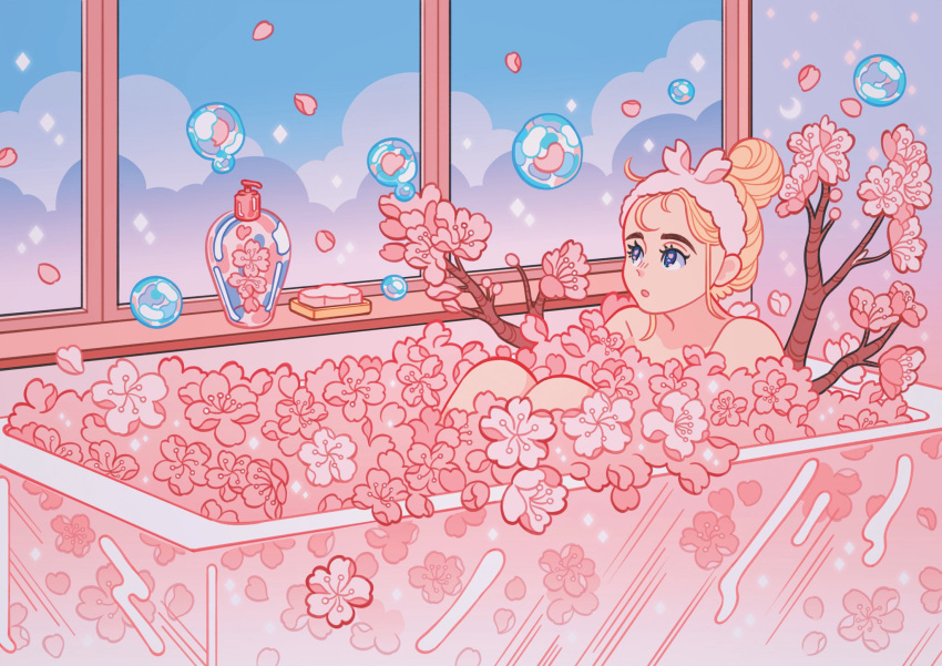 1girl bathtub blonde_hair branch bubble clouds crescent flower hair_bun highres knees_up meyoco open_mouth original petals pink_flower pink_theme plant solo sparkle window