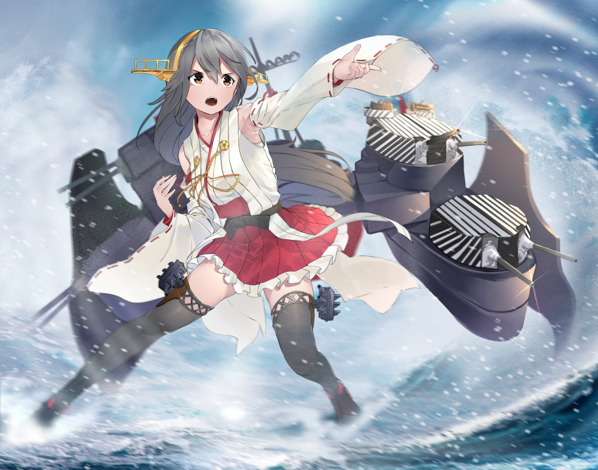 1girl absurdres bangs black_hair black_legwear brown_eyes detached_sleeves frilled_skirt frills frown gegeron hair_ornament hairband haruna_(kancolle) headgear highres japanese_clothes kantai_collection long_hair looking_to_the_side miniskirt nontraditional_miko ocean open_mouth outdoors pleated_skirt red_skirt ribbon-trimmed_sleeves ribbon_trim shirt skirt sleeveless sleeveless_shirt solo sparkle splashing standing thigh-highs thigh_strap white_shirt white_sleeves wind yellow_hairband