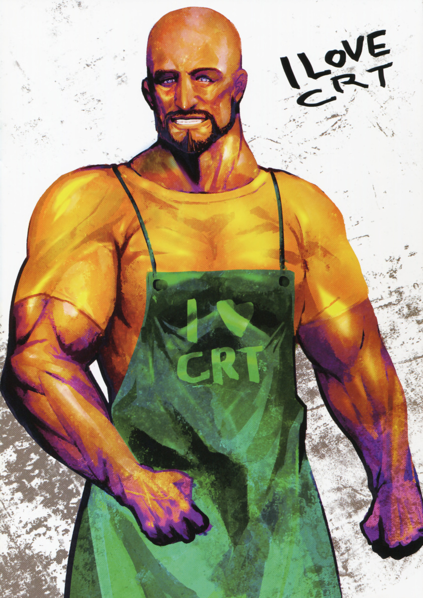 1boy absurdres apron artbook bald clenched_hand crt dark-skinned_male dark_skin english_text facial_hair green_apron highres huke huke_(style) i_heart... manly muscular muscular_male official_art old old_man realistic shirt steins;gate tennouji_yuugo violet_eyes white_background yellow_shirt