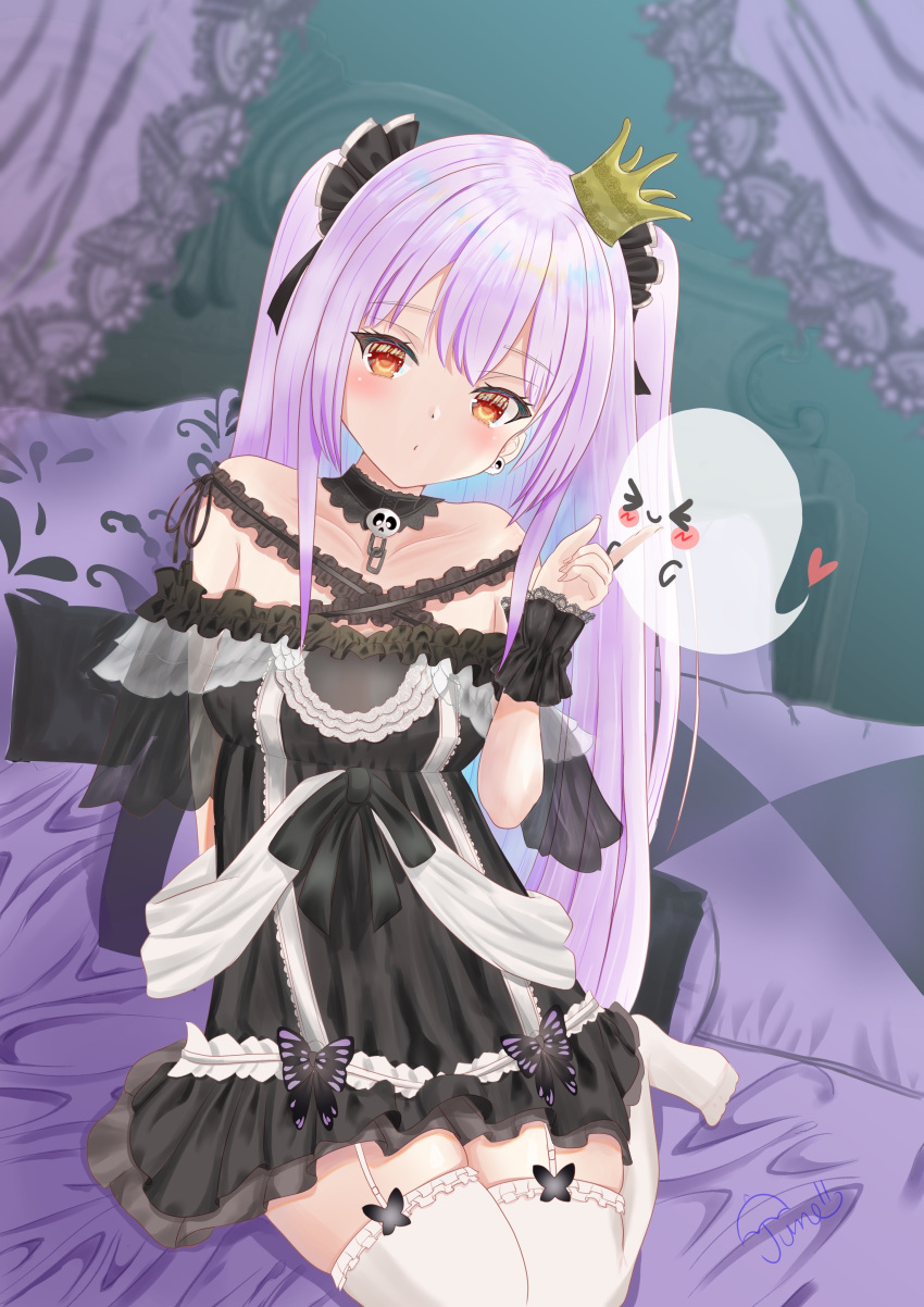 1girl absurdres aqua_hair bare_shoulders black_choker black_dress blush breasts choker collarbone colored_inner_hair crown dot_mouth dress dress_bow fandead_(uruha_rushia) frilled_dress frilled_legwear frilled_straps frills garter_straps ghost gradient_hair highres hololive lace lace_choker long_hair multicolored_hair no_shoes off-shoulder_dress off_shoulder on_bed pink_hair red_eyes see-through_sleeves short_dress short_sleeves sitting skindentation small_breasts solo_focus thigh-highs tilted_headwear two_side_up uruha_rushia user_vnxg2738 virtual_youtuber white_garter_straps white_legwear wristband yokozuwari