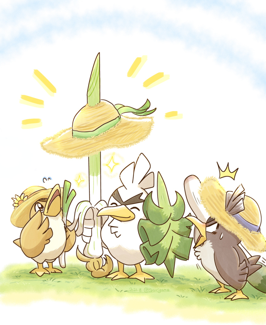 bird closed_eyes closed_mouth commentary_request farfetch'd flower flying_sweatdrops galarian_farfetch'd galarian_form grass hat hat_flower hat_removed hatted_pokemon headwear_removed highres holding looking_up no_humans pokemon pokemon_(creature) shuri_(syurigame) sirfetch'd smile sparkle standing