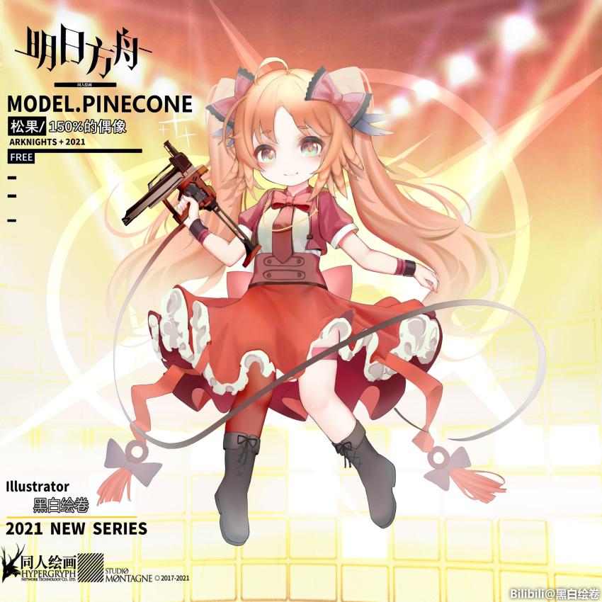 1girl absurdres ahoge arknights artist_name black_footwear boots bow bowtie character_name chinese_commentary chinese_text commentary_request copyright_name cropped_jacket english_text eyebrows_visible_through_hair feather_hair full_body gun hair_bow highres holding holding_gun holding_weapon jacket kuroshiroemaki long_hair looking_at_viewer mixed-language_text nailgun necktie official_alternate_costume open_clothes open_jacket orange_background orange_eyes orange_hair pinecone_(arknights) pinecone_(sing_a_song)_(arknights) red_bow red_jacket red_neckwear red_skirt shirt skirt smile solo straight-on thick_eyebrows twintails very_long_hair watermark weapon white_shirt younger