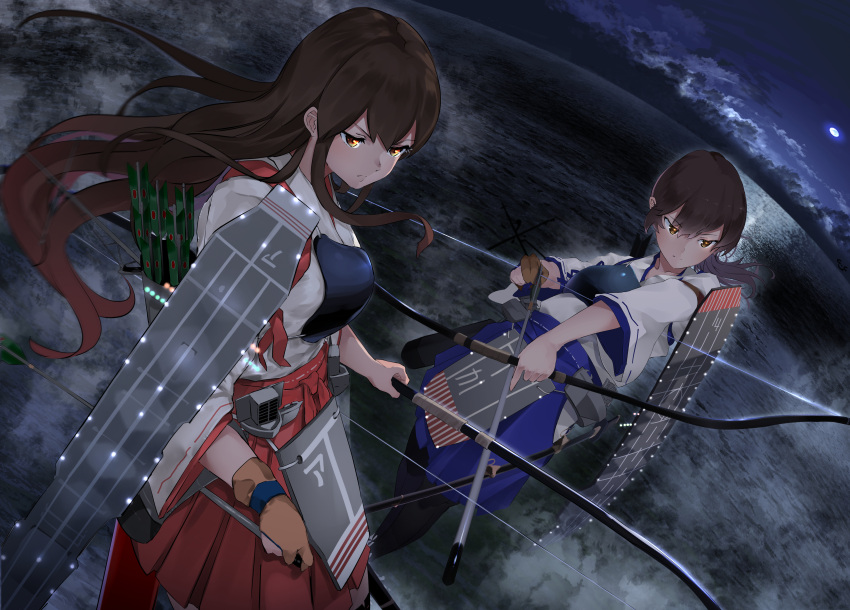 2girls absurdres akagi_(kancolle) arrow_(projectile) blue_hakama bow_(weapon) brown_eyes brown_gloves brown_hair closed_mouth clouds cloudy_sky commentary_request dutch_angle fog frown full_moon gegeron glaring gloves hakama half-closed_eyes highres holding holding_bow_(weapon) holding_weapon horizon japanese_clothes kaga_(kancolle) kantai_collection kimono long_hair looking_to_the_side moon multiple_girls muneate night night_sky ocean outdoors partial_commentary quiver red_hakama rigging side_ponytail single_glove sky weapon white_kimono wind