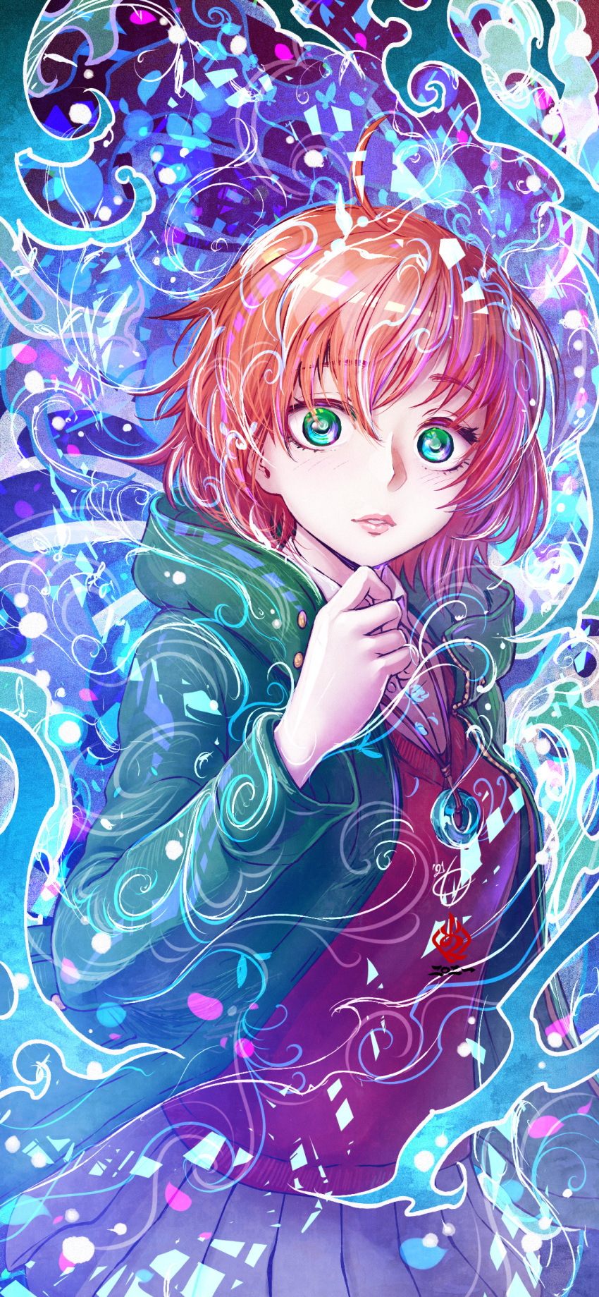 1girl absurdres amaguchi_chiyoko amulet arm_up artist_logo bangs coat collared_shirt cowboy_shot eyebrows_visible_through_hair green_coat green_eyes hatori_chise highres light_blush looking_at_viewer mahou_tsukai_no_yome multicolored multicolored_background parted_lips pleated_skirt red_sweater redhead shirt short_hair signature skirt solo standing sweater v-neck white_shirt