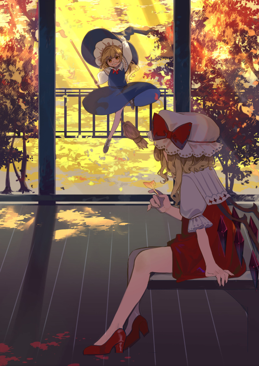 2girls absurdres arm_support arm_up autumn bangs black_headwear blonde_hair blue_dress bow bowtie broom circle_skirt crystal day dress eyebrows_visible_through_hair flandre_scarlet flying from_side full_body grin hat high_heels highres holding holding_broom holding_leaf kirisame_marisa leaf light_rays looking_at_another multiple_girls outdoors puffy_short_sleeves puffy_sleeves red_bow red_dress red_footwear red_neckwear shi_chimi short_sleeves sitting smile touhou wind wind_lift wings witch_hat wooden_floor yellow_eyes