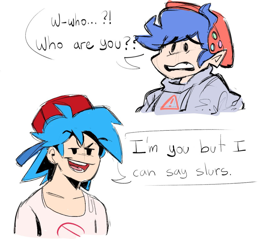 2boys 2koma alternate_universe black_eyes blue_hair boyfriend_(friday_night_funkin') comic dual_persona english_commentary english_text friday_night_funkin' friday_night_funkin'_soft hat hoodie humor peep_face red_hat short_hair smile speech_bubble white_background