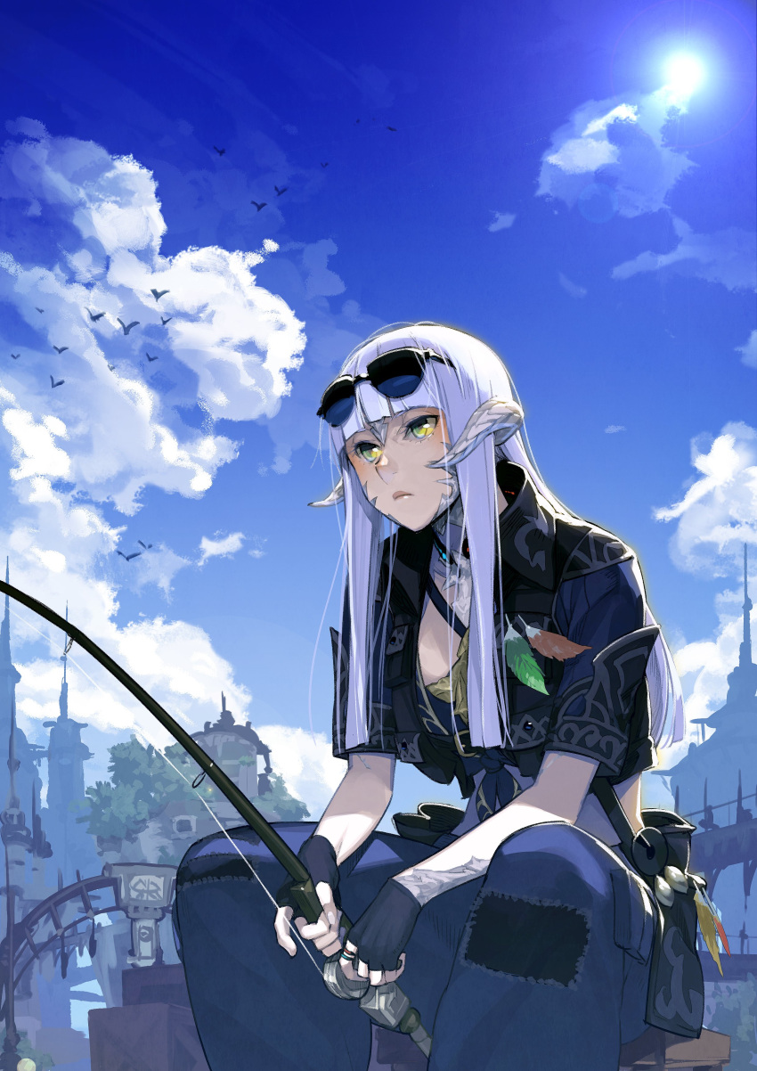 1girl absurdres au_ra bangs bird black_gloves blue_sky blunt_bangs blush bridge closed_mouth clouds cloudy_sky cumulonimbus_cloud day eyewear_on_head feathers final_fantasy final_fantasy_xiv fingerless_gloves fingernails fishing fishing_rod flying gloves green_eyes green_feathers highres holding holding_fishing_rod horns jewelry kyo_(kuroichigo) long_hair orange_feathers outdoors pouch ring scales silhouette sitting sky solo stitches sunglasses tree white_hair white_horns