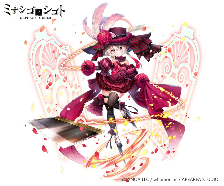1girl bangs black_legwear blade boots breasts chain closed_mouth copyright_request detached_sleeves dress eyebrows_visible_through_hair flower frilled_dress frilled_sleeves frills gloves gradient_hair grey_hair hair_between_eyes hat hat_feather hat_flower head_tilt highres multicolored_hair official_art petals pink_feathers platform_footwear platform_heels puffy_short_sleeves puffy_sleeves purple_headwear red_dress red_flower red_gloves red_rose redhead rose ryuuki_(hydrangea) short_sleeves simple_background small_breasts smile solo standing standing_on_one_leg strapless strapless_dress thigh-highs thighhighs_under_boots violet_eyes watermark white_background white_footwear