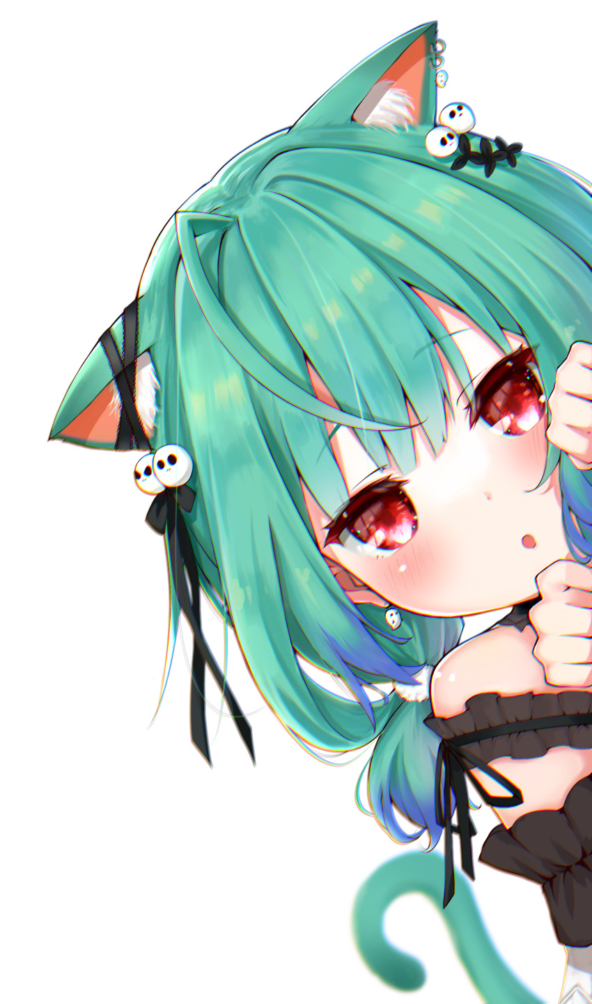 1girl :o absurdres ahoge animal_ear_fluff animal_ears bangs blue_hair blush cat_ears cat_girl cat_tail commentary_request ear_ribbon earrings eyebrows_visible_through_hair ghost_earrings gradient_hair green_hair hair_ornament hair_ribbon hands_up highres hololive jewelry kohe_billialot long_hair looking_at_viewer low_twintails multicolored_hair open_mouth peeking_out pom_pom_(clothes) pom_pom_hair_ornament red_eyes ribbon short_hair short_twintails skull_hair_ornament solo tail tail_raised twintails uruha_rushia virtual_youtuber white_background