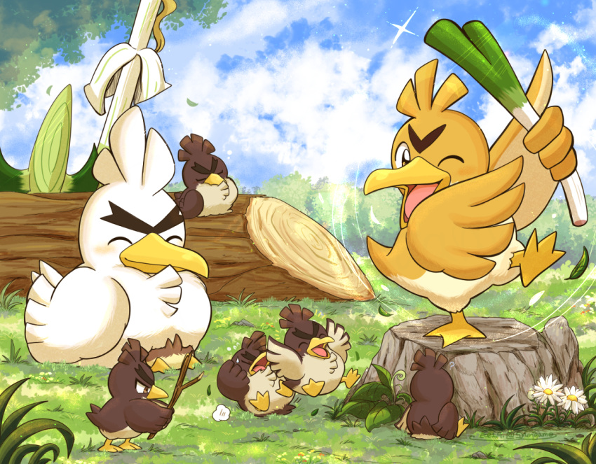 alternate_color bird blush closed_eyes closed_mouth clouds commentary_request day farfetch'd flower galarian_farfetch'd galarian_form grass holding holding_stick no_humans outdoors pokemon pokemon_(creature) shiny_pokemon shuri_(syurigame) sirfetch'd sky smile stick tree_stump v-shaped_eyebrows white_flower