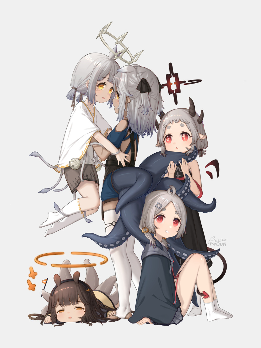 5girls absurdres animal_ears antenna_hair bangs bell black_cloak black_dress black_hair black_hairband black_ribbon brown_shorts carrying chinese_commentary cloak commentary_request dated demon_girl demon_horns demon_tail detached_wings dress eyebrows_visible_through_hair grin hair_ornament hair_ribbon hairband hairclip halo highres horizontal_pupils horns jingle_bell koebushi_(mat) long_hair looking_at_another mole mole_under_eye monster_girl multiple_girls multiple_horns no_shoes open_mouth original parted_bangs red_eyes ribbon shirt short_eyebrows short_hair short_sleeves shorts signature simple_background smile socks stirrup_legwear tail tentacles thick_eyebrows thigh-highs toeless_legwear two_side_up white_legwear white_shirt wings yellow_eyes