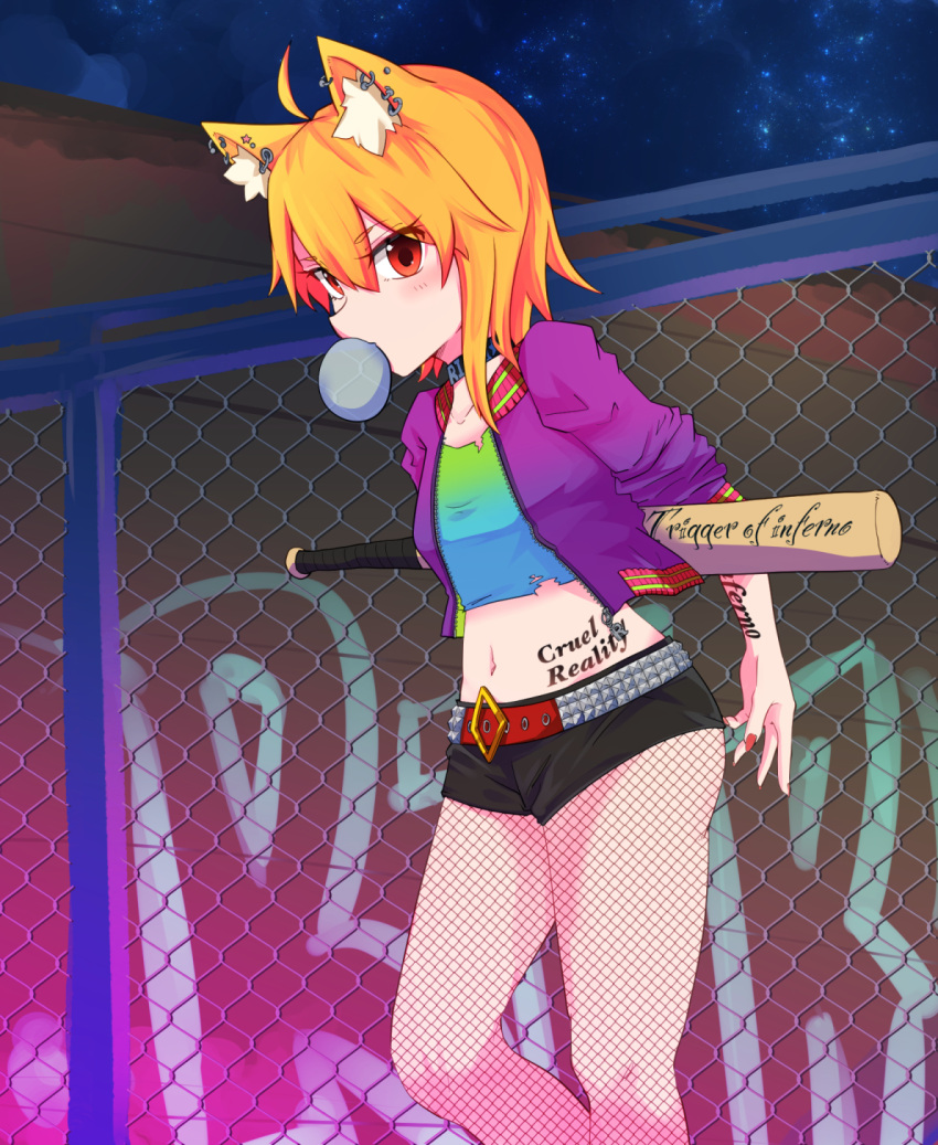 1girl animal_ear_fluff animal_ears asymmetrical_hair bangs baseball_bat black_shorts blonde_hair blue_shirt breasts bubble_blowing chain-link_fence choker commentary_request cookie_(touhou) cosplay crop_top cropped_jacket ear_piercing eyebrows_visible_through_hair feet_out_of_frame fence fishnet_legwear fishnets fox_ears fox_girl gradient_shirt graffiti green_shirt harley_quinn harley_quinn_(cosplay) highres jacket looking_at_viewer medium_hair midriff miramikaru_riran nail_polish navel no_tail pantyhose piercing purple_jacket red_eyes red_nails shirt short_shorts shorts sidelocks sky small_breasts solo star_(sky) starry_sky suicide_squad yan_pai