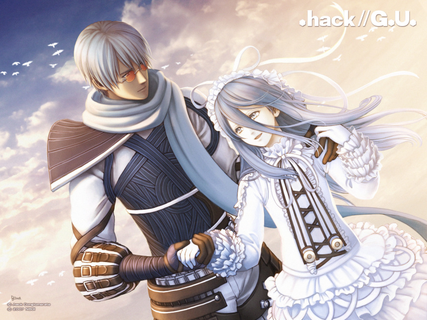 .hack//g.u. .hack//roots aina bird biwa blue_hair brother_and_sister cloud dress frills gathers gloves gothic_lolita hat highres holding_hands hug lolita_fashion long_hair ovan ribbon scarf siblings sky smile sunglasses wallpaper wind