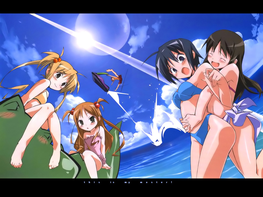 barefoot bikini black_hair blonde_hair blue_hair blush brown_hair cloud everyone feet flat_chest highres hug jpeg_artifacts kore_ga_watashi_no_goshujin-sama kuramachi_anna kurauchi_anna long_hair nakabayashi_yoshitaka ocean open_mouth pochi sawatari_izumi sawatari_karin sawatari_mitsuki short_hair smile swimsuit twintails wallpaper